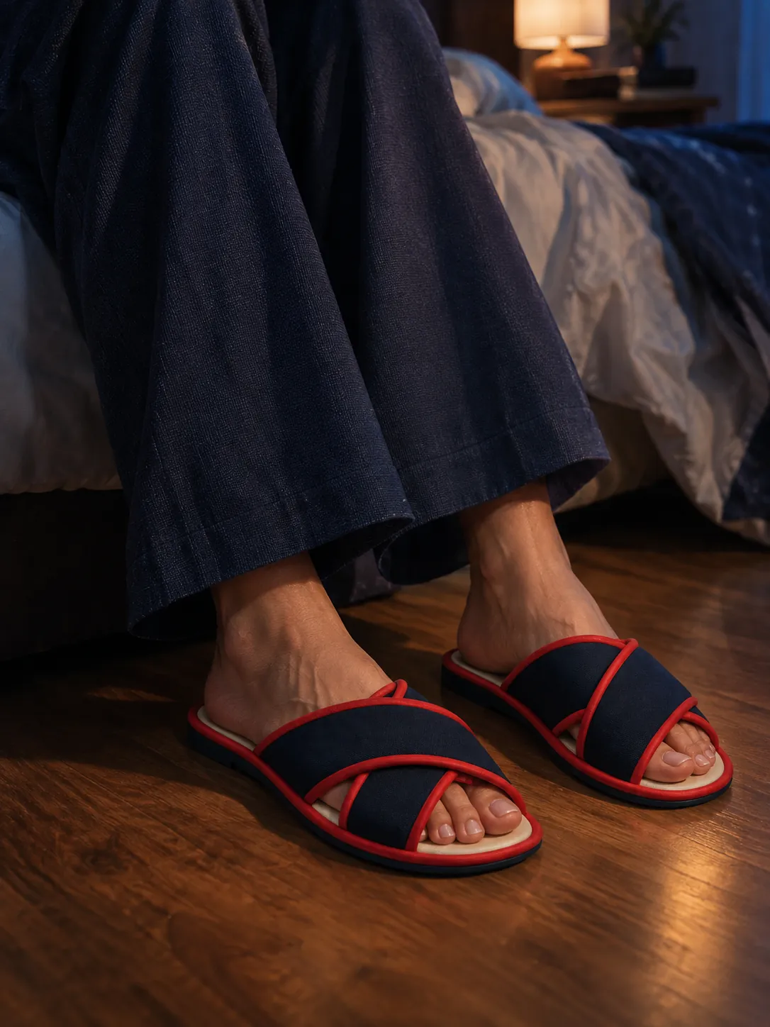 Cross Strap Slides worn or in use
