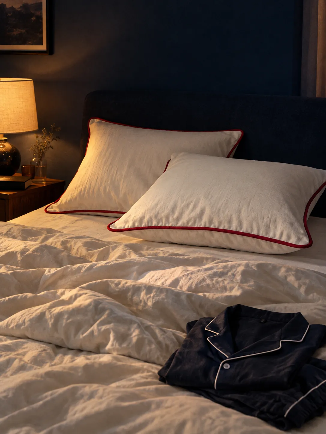 Ivory Piped Pillowcase Pair worn or in use