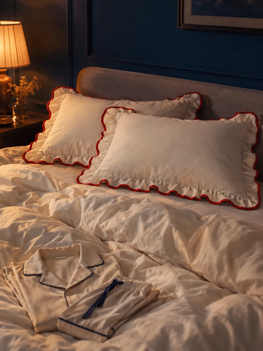 Ruffle Piped Pillowcase Pair worn or in use
